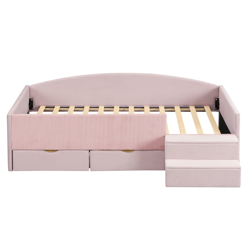 Twin Size Kids Daybed Frame with Small Stair & 2 Storage Drawers, Velvet+Corduroy Dual Upholstered Accent Platform Bed