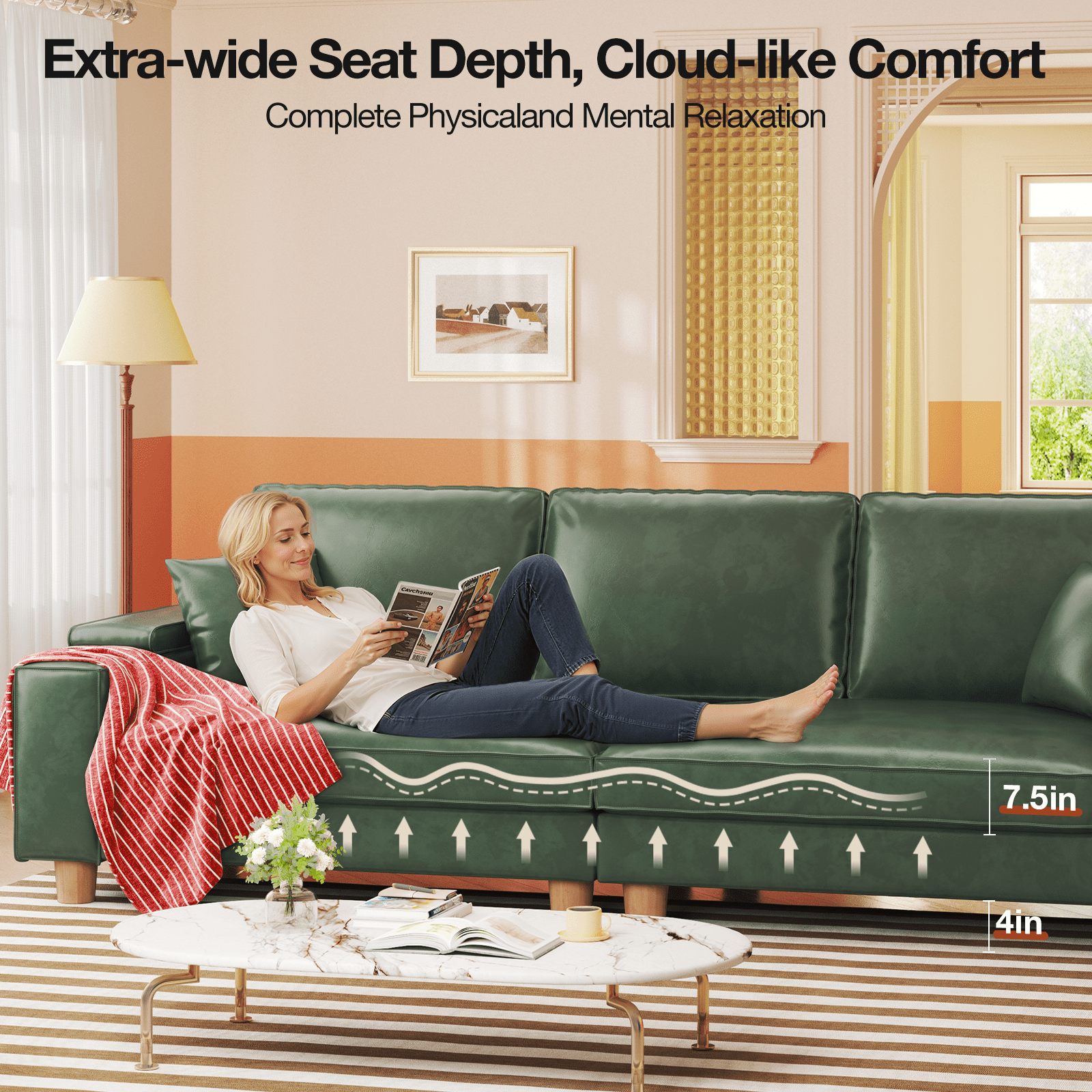 101" Large PU Leather Sofa Couch, Spring Cushion Modern Couch with 24" Extra Deep Seat, Wide Storage Armchair, Comfy Upholstered Oversized Loveseat (Includes 2 Pillows) for Living Room, Office, Green