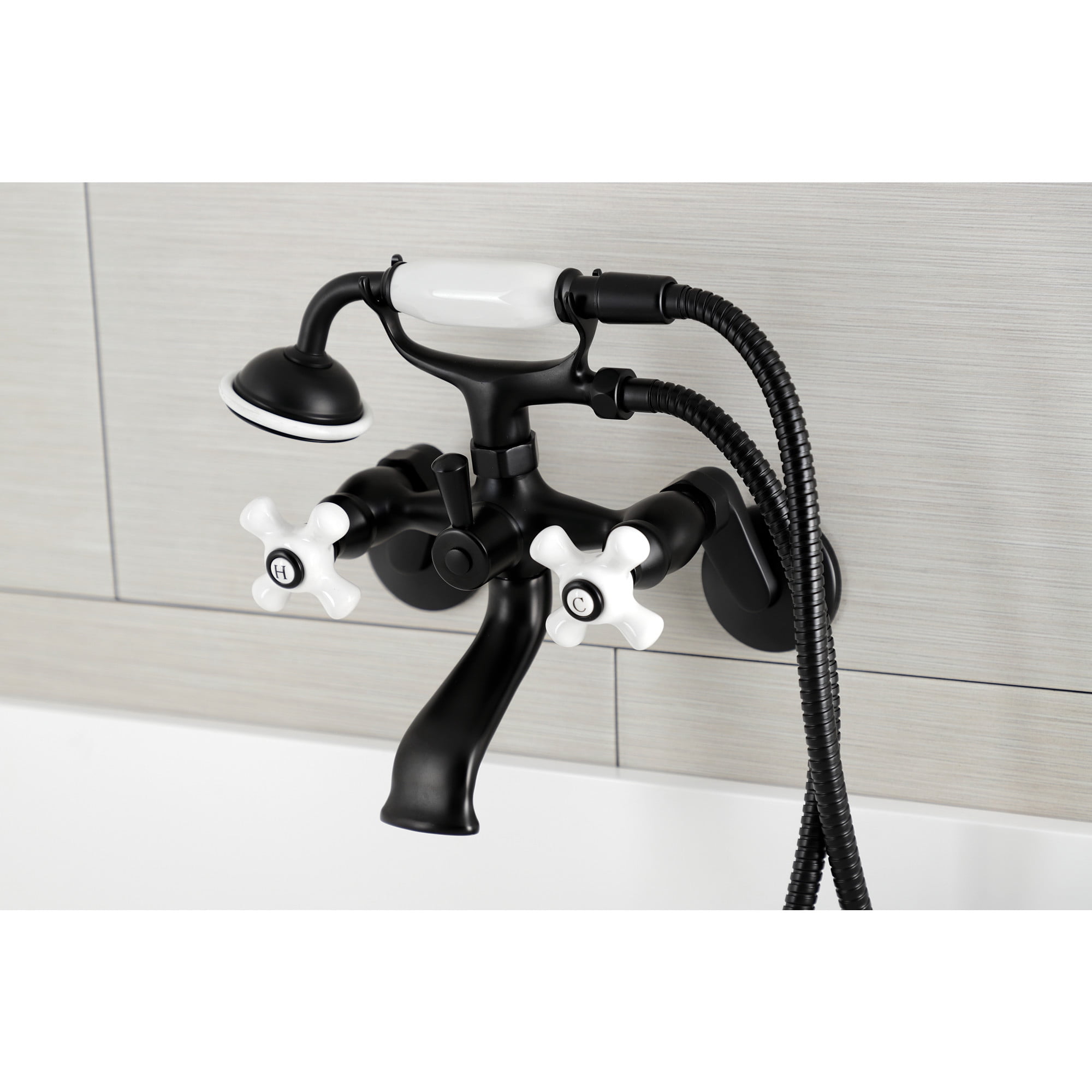 Kingston Brass KS266PXMB Kingston Three-Handle 2-Hole Wall Mount Clawfoot Tub Faucet with Hand Shower in Matte Black