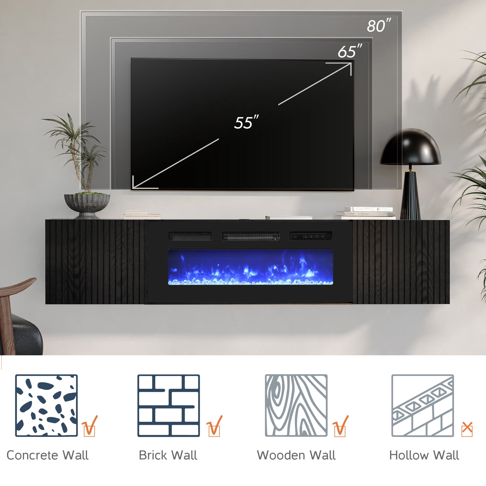 36"Fireplace Floating TV Stand with Fluted Doors and Blue Light for TVs up to 80inch