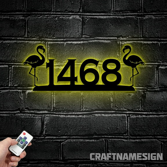 Craftnamesign Flamingo House Number Metal Sign LED Light, Flamingo Stainless Porch, Address Sign