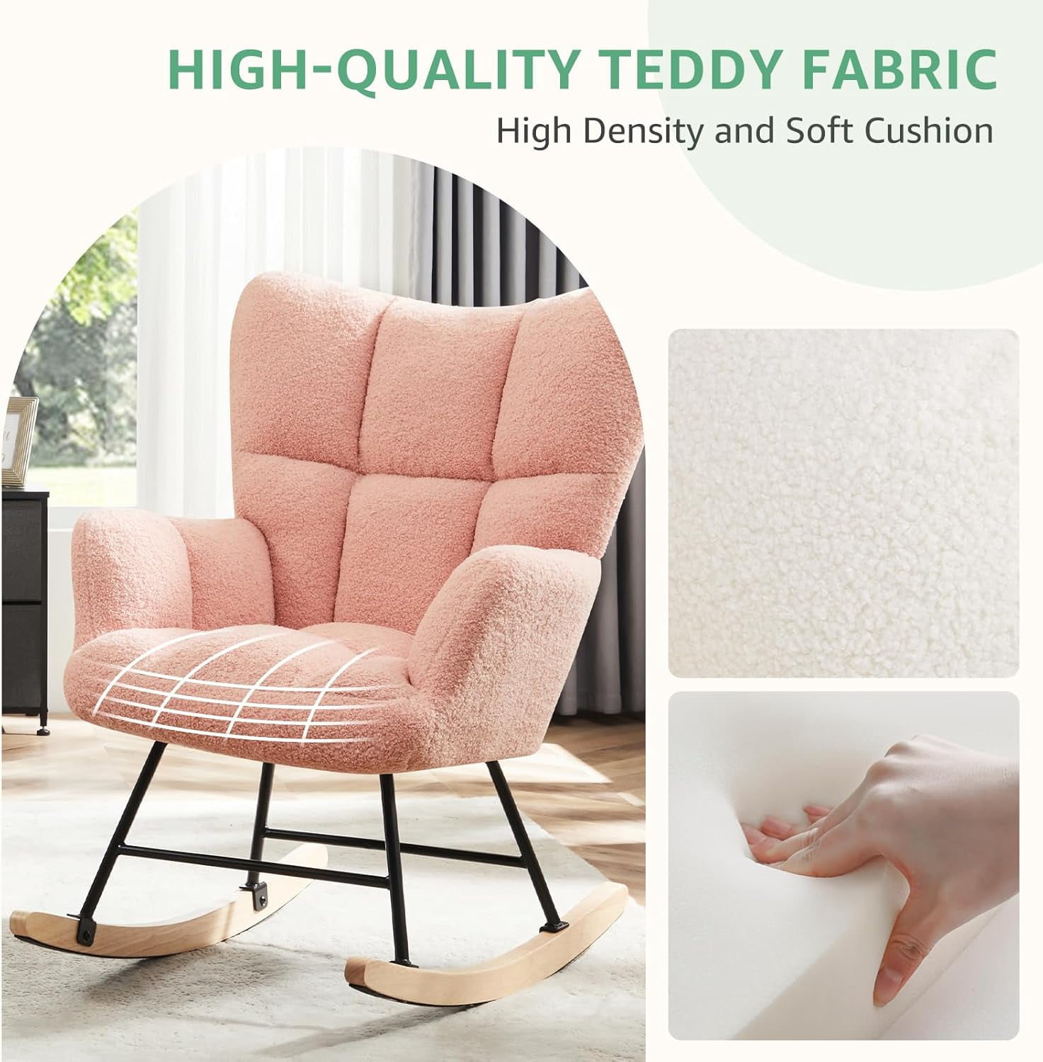 QUIOCOZY Nursery Rocking Chairs, Teddy Upholstered Glider Recliner Rocking Chair with High Backrest Armchair, Comfy Reading Chair Fluffy Accent Side Chair for Nursing, Living Room, Bedroom
