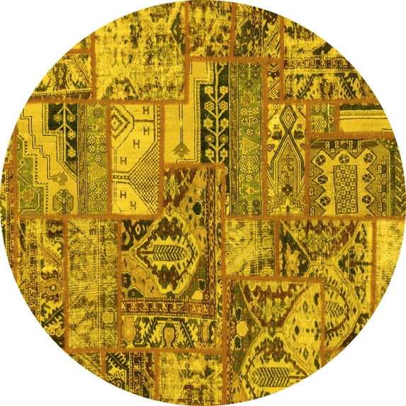 Ahgly Company Machine Washable Indoor Round Abstract Yellow Modern Area Rugs, 8' Round