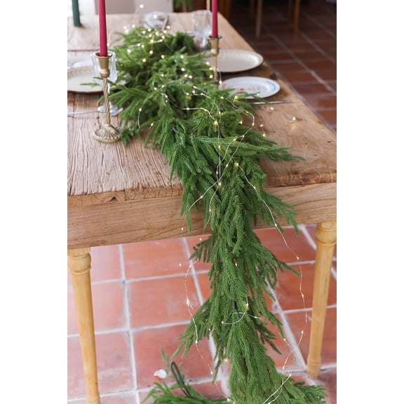 Guvpev 9FT Artificial Norfolk Pine Garland, Christmas Garland with String Lights, Realistic Winter Pine Needles Garland, Real Touch Greenery Garland for Mantel, Indoor, Outdoor Christmas Decorations