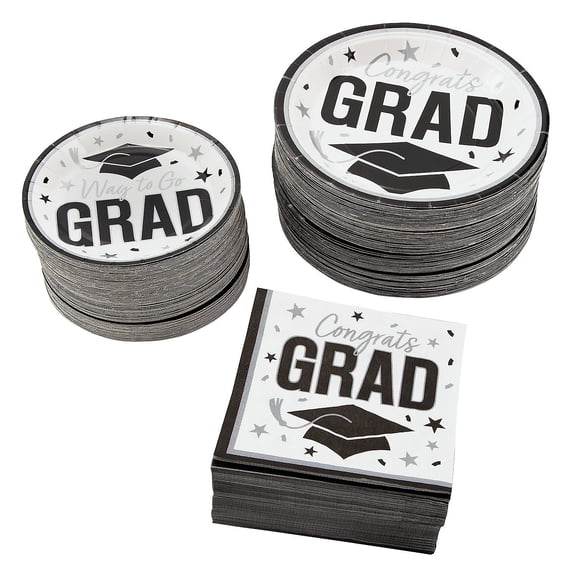Fun Express Bulk 300 Pieces White Congrats Grad Graduation Party Disposable Tableware Kit for 100 Guests