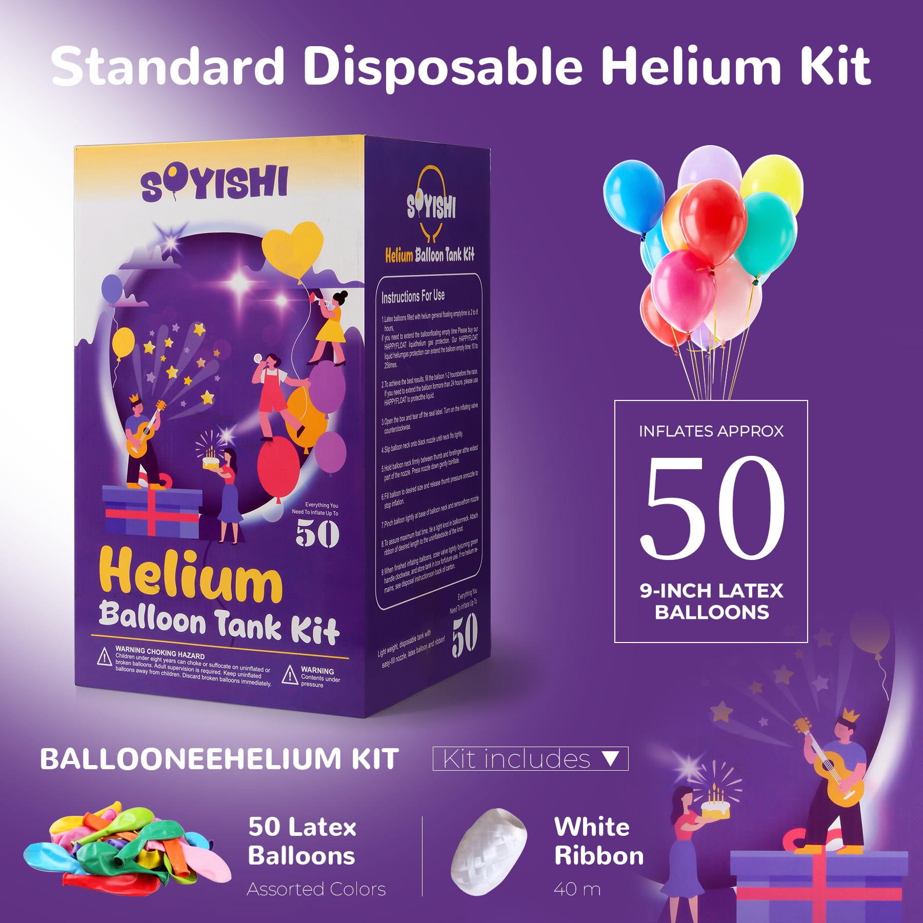 Soyishi 13.4L Helium Tank up to 50 Latex Balloons Helium Tank for Balloons at Home Helium Balloon Pump Kit Blend