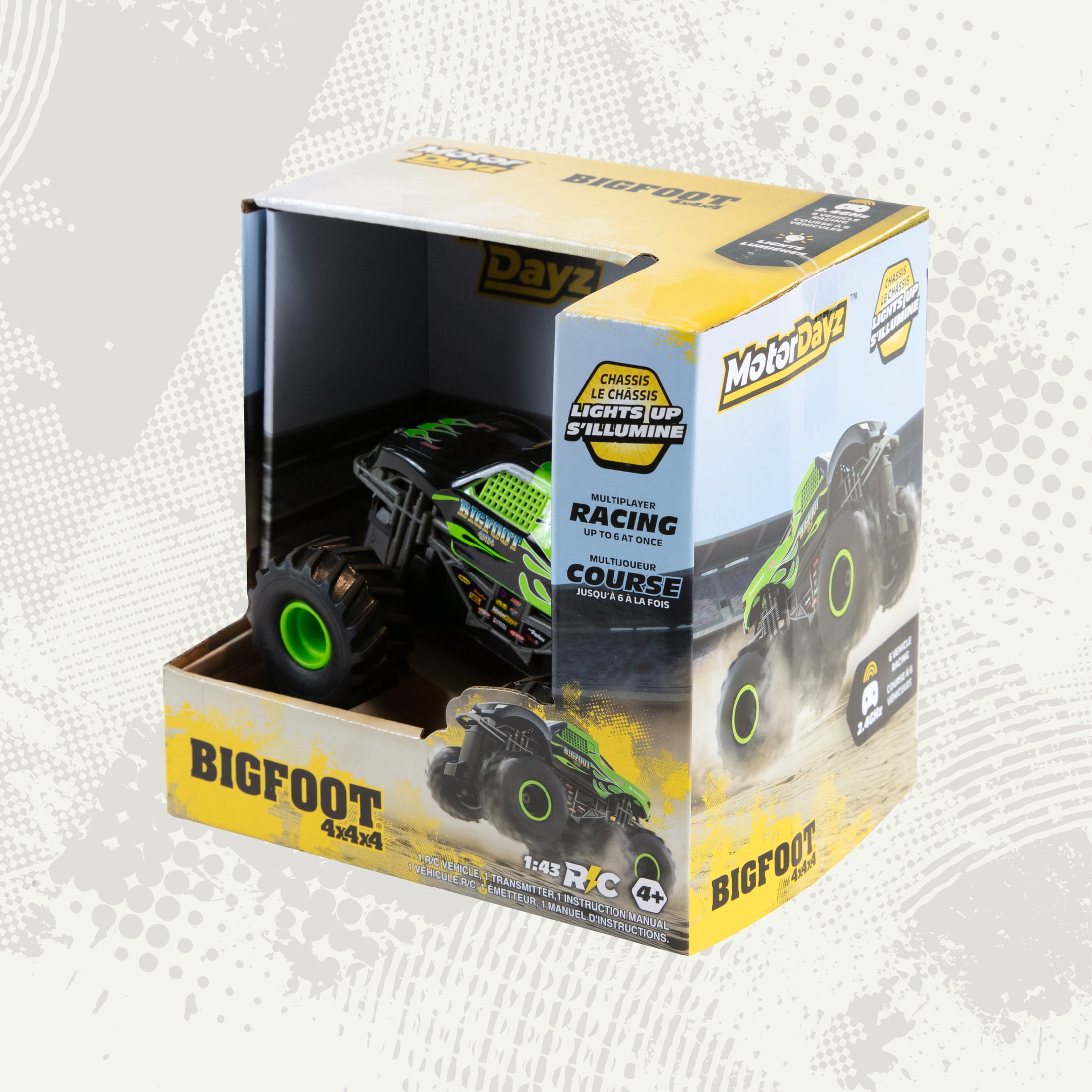 Motor Dayz R/C Bigfoot Monster Truck Green Flames 1/43e, avec lumières DEL, technologie 2,4GHz, pour enfants de 4 ans et plus MD CAMION BIGFOOT 1:43