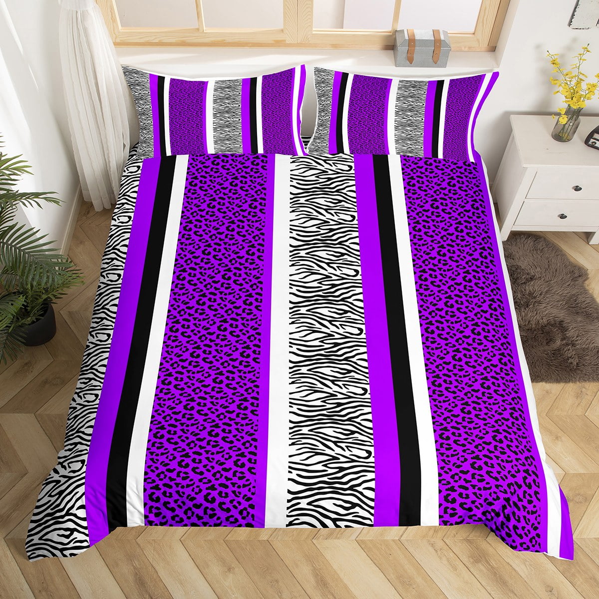 YST Black White Purple Patchwork Full Bedding Sets For Girls Women