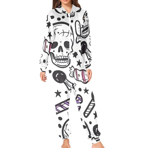 Halloween Skulls Stars Candies Cartoon Adult's Hoodie Onesie Jumpsuit One-Piece Pajamas with Zipper Unisex for Holiday S