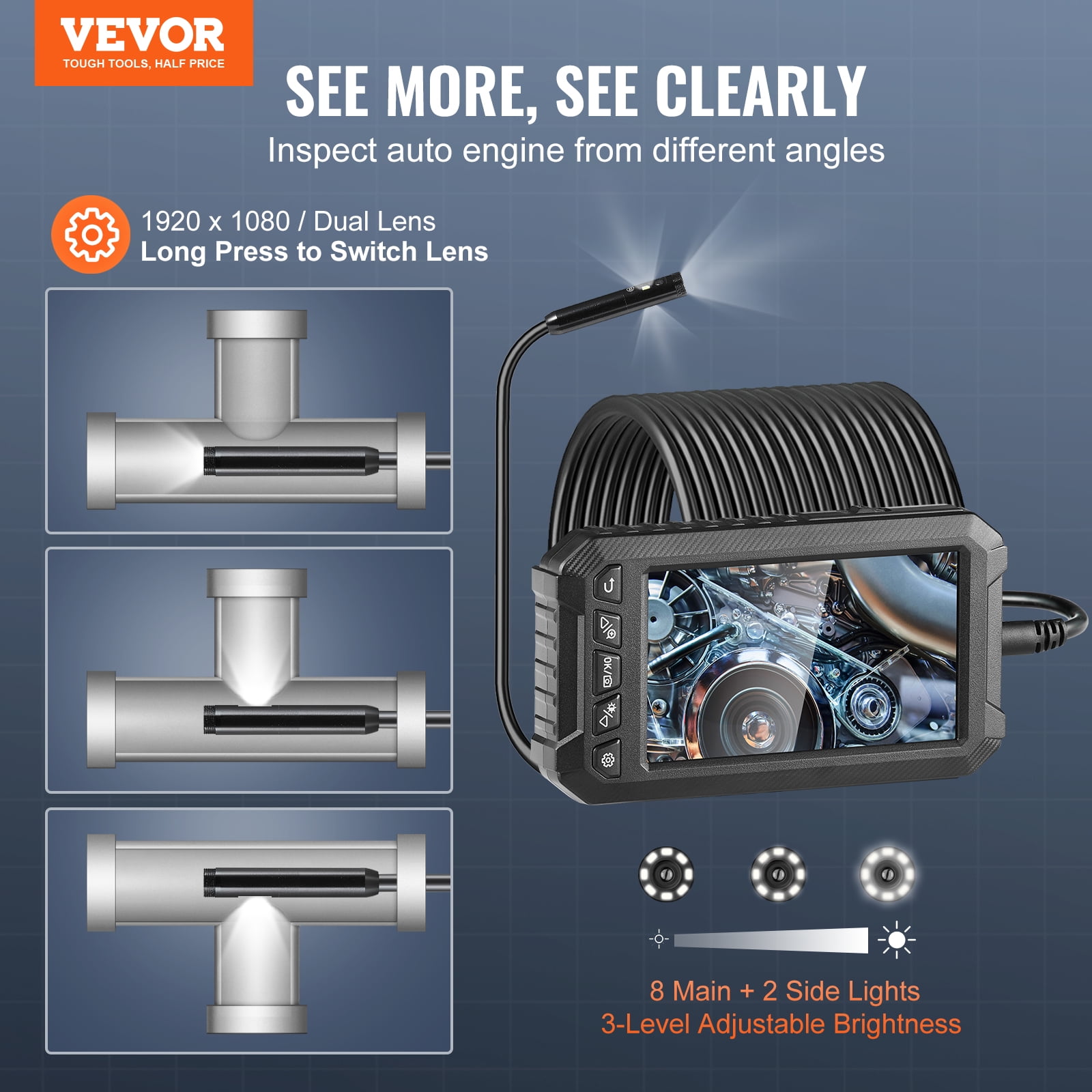 VEVOR Endoscope Camera with Light,Triple Lens Borescope with 49.2FT Semi-Rigid Cable, 5" Screen 1080P Inspection Camera, 8 + 2 LED Lights, IP67 Waterproof Snake Camera for Auto, Plumbing (32GB Card)