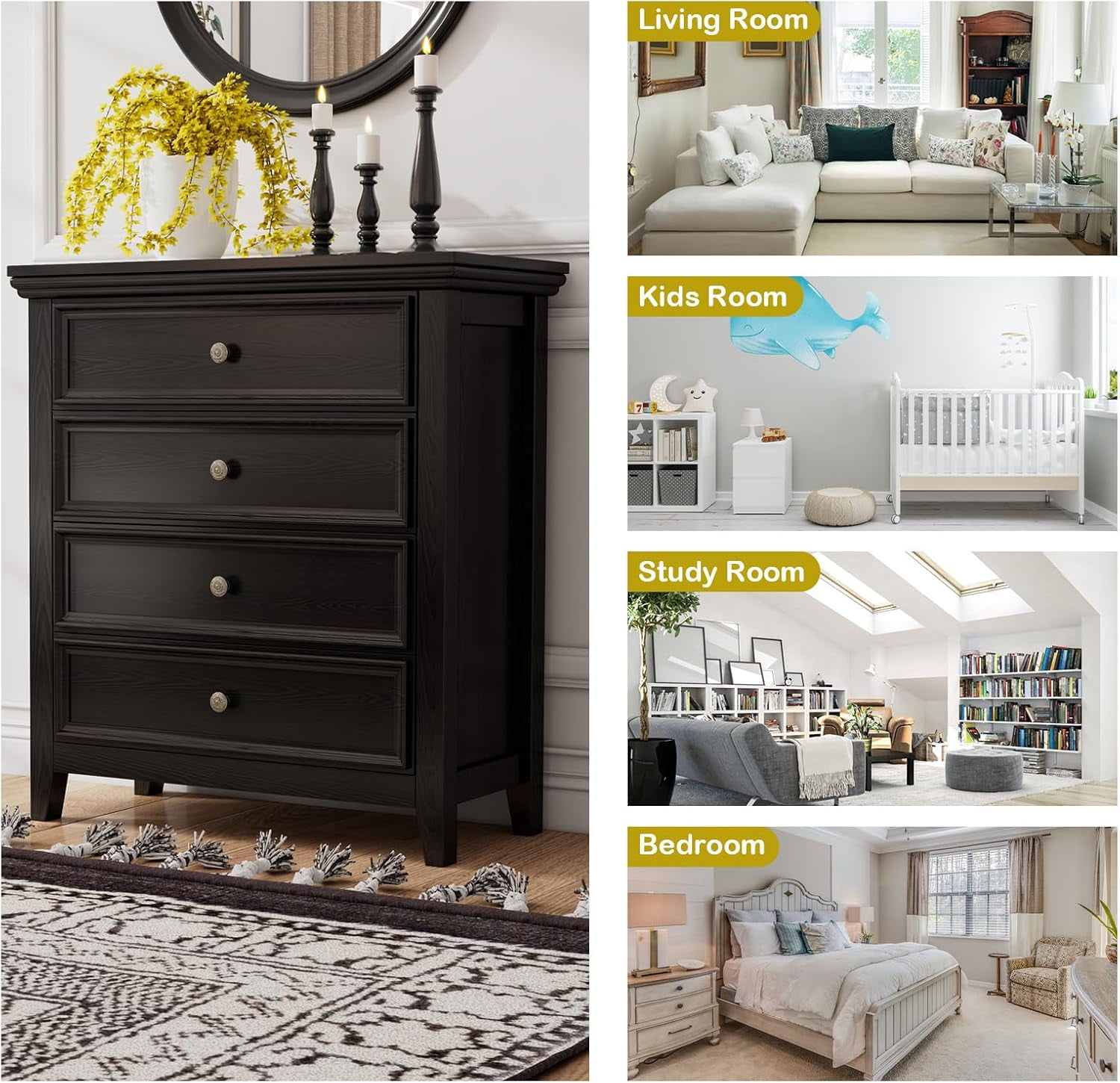 BOSHIRO 4-Drawer Modern Dresser for Bedroom, Tall Storage Chest Organizer with Sleek Black Finish