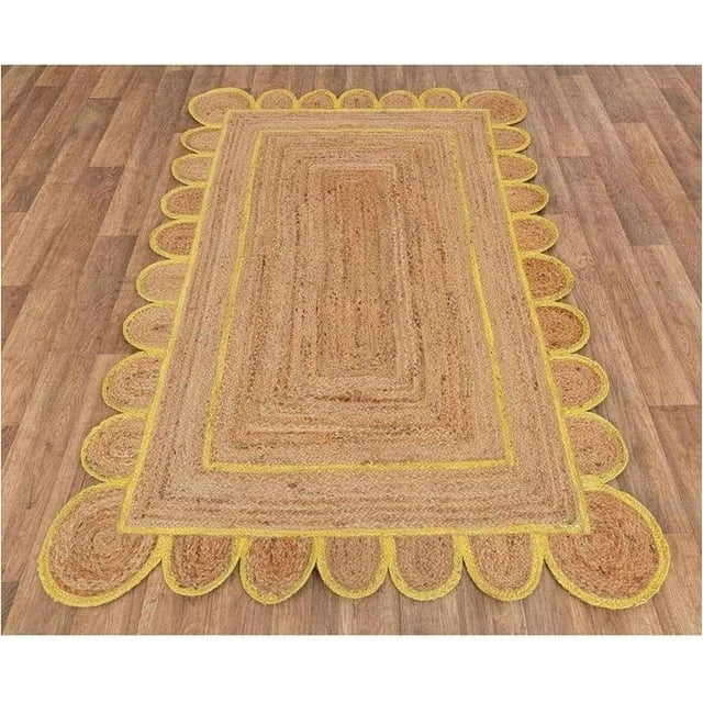 Natural Jute Scalloped Rug, Natural Jute Rug, Bohemian Scallop Rug, Boho Decor Rug, Area Rug, Handwoven Jute Rug, Custom Rug, Decorative Rug (9x12 feet Jute Rug, Brown+Yellow)
