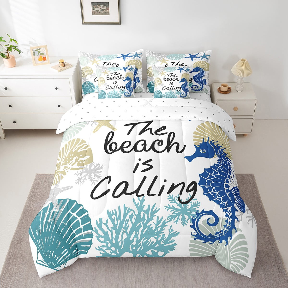 Summer Beach Comforter Set 7 Piece Bed in a Bag Twin,Blue Seahorse Bedding Set Nautical Coastal Sheet Sets with Comforter Seashell Starfish Shell Coral Bed Set,Ocean Decor