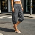thumbnail image 3 of Bloomae Womens Harem Capri Pants Elastic Waist Ruched Pleated Tapered Wide Leg Cropped Pants Loose Fit Oversized Baggy Lounge Capris Slacks with Pockets, 3 of 10