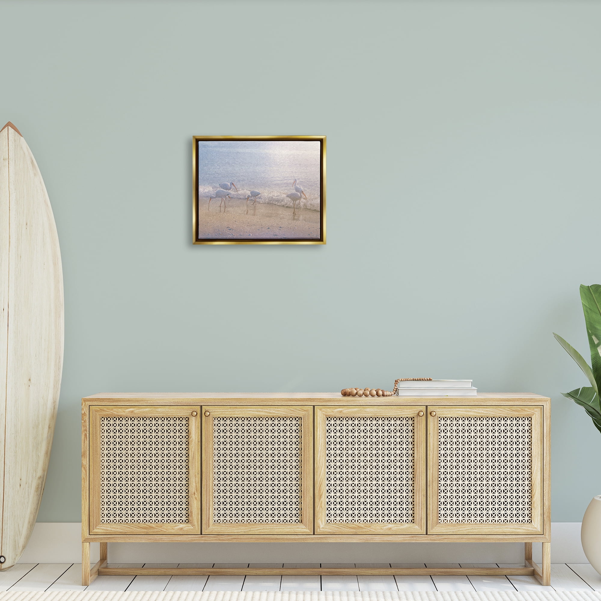 Stupell Seaside Waves Bird Flock Grazing Landscape Painting Gold Floater Framed Art Print Wall Art