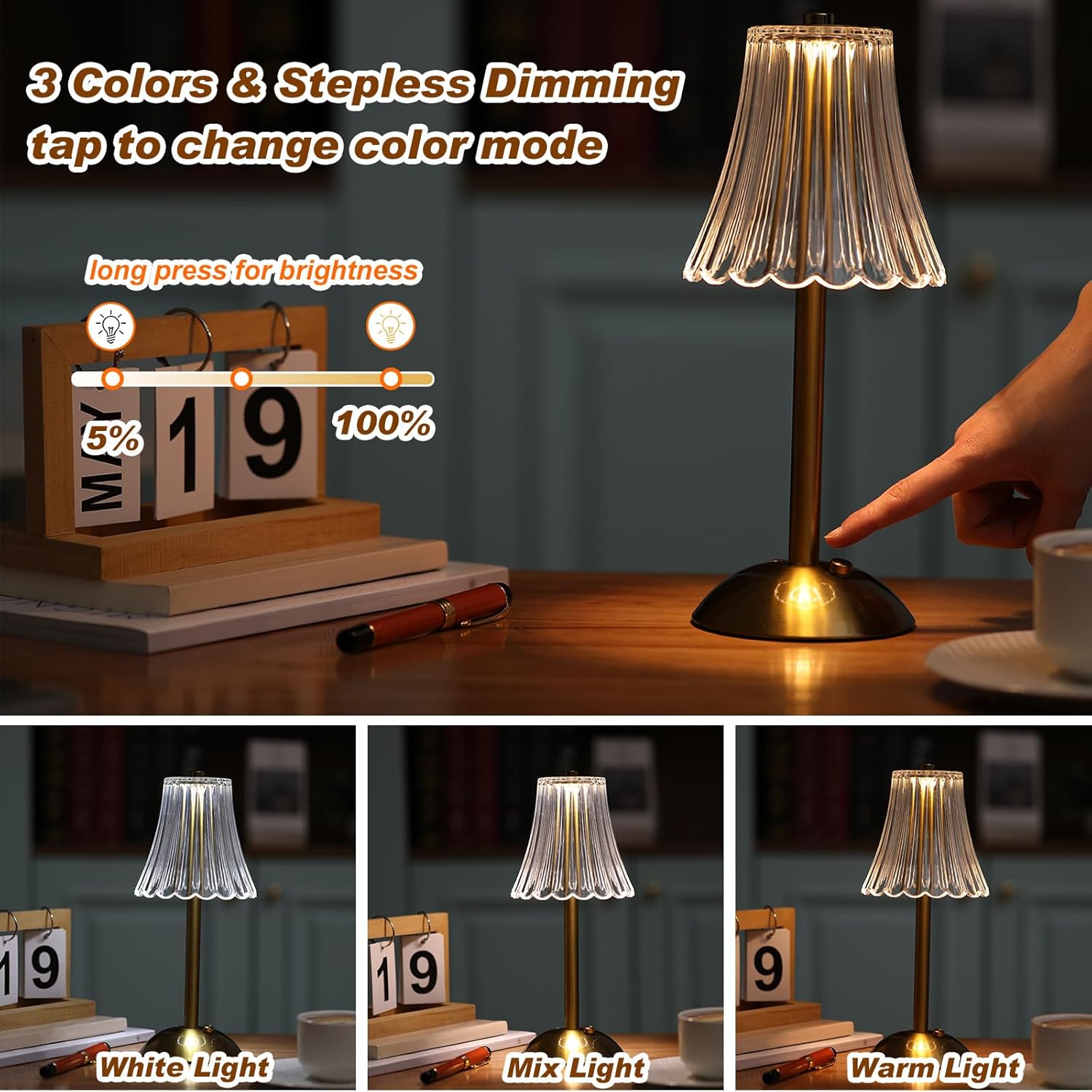 LED Portable Cordless Gold Table Lamp Touch Battery Operated Rechargeable Desk Lamp 3 Color Dimmable for Bedroom Living Room Dining