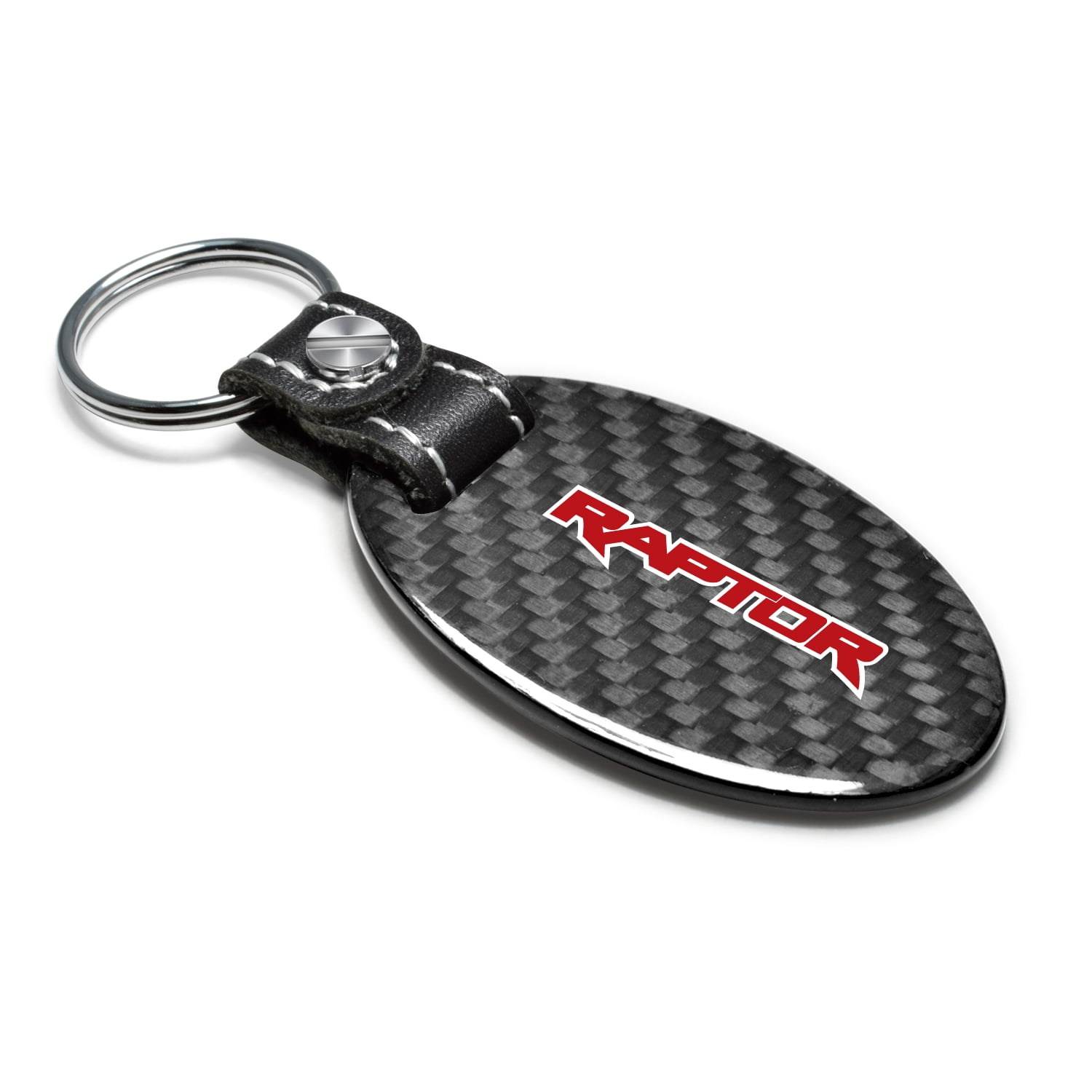 Ford Raptor in Red Real Carbon Fiber Oval Shape Black Leather Strap Key Chain
