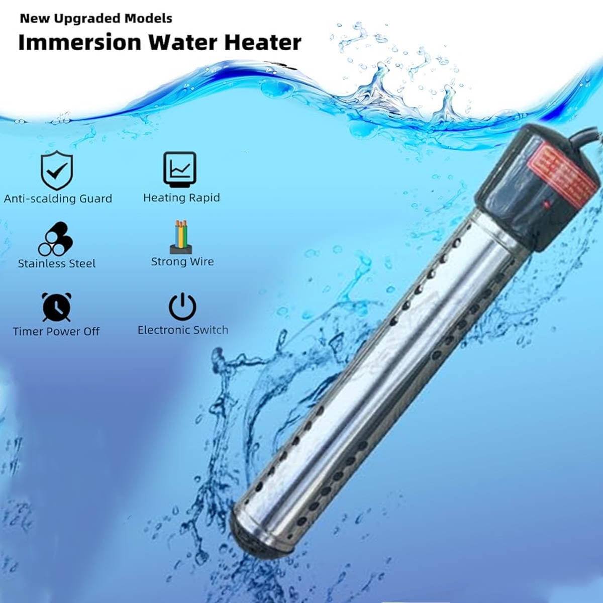IFCOW Immersion Water Heater, 1500W Bucket Immersion Tub Heater with 304 Stainless Steel Guard with Timed Power Off, Quickly Heats 5 Gallons of Water, Small Portable