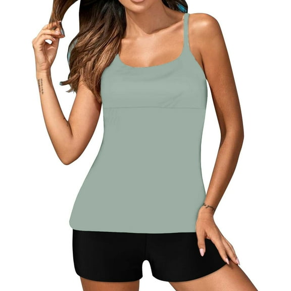 Brnmxoke Plus Tankini Swimsuits for Women 2026 Two Piece Modest Early Spring High Waisted Tummy Control Bathing Suits with ith Boyshorts Green,L