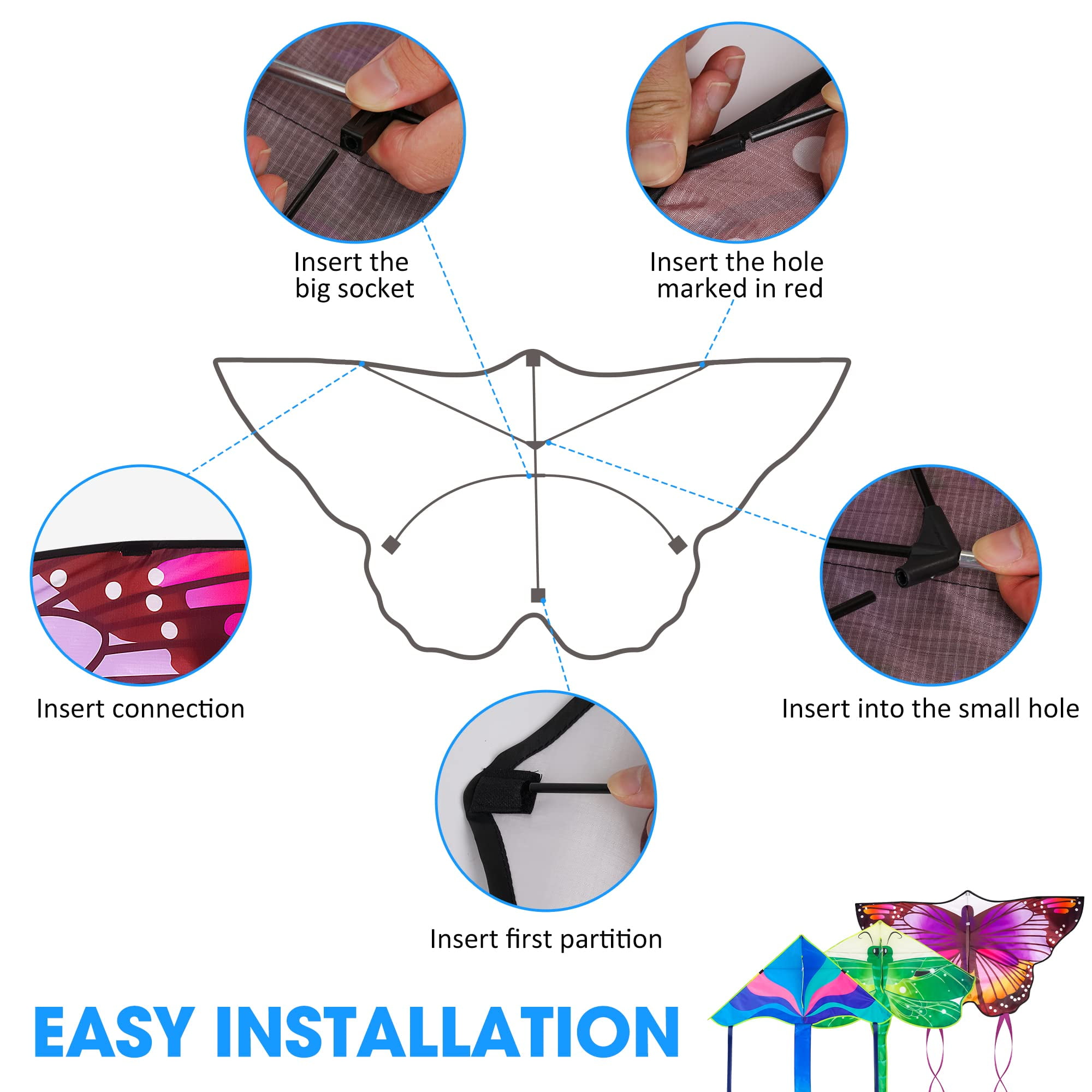 Crogift 3-Pack Large Kite Set Butterfly, Delta, and Dragonfly Easy to Fly Polyester Kites for Kids Ages 4-8 8-12 and Adults