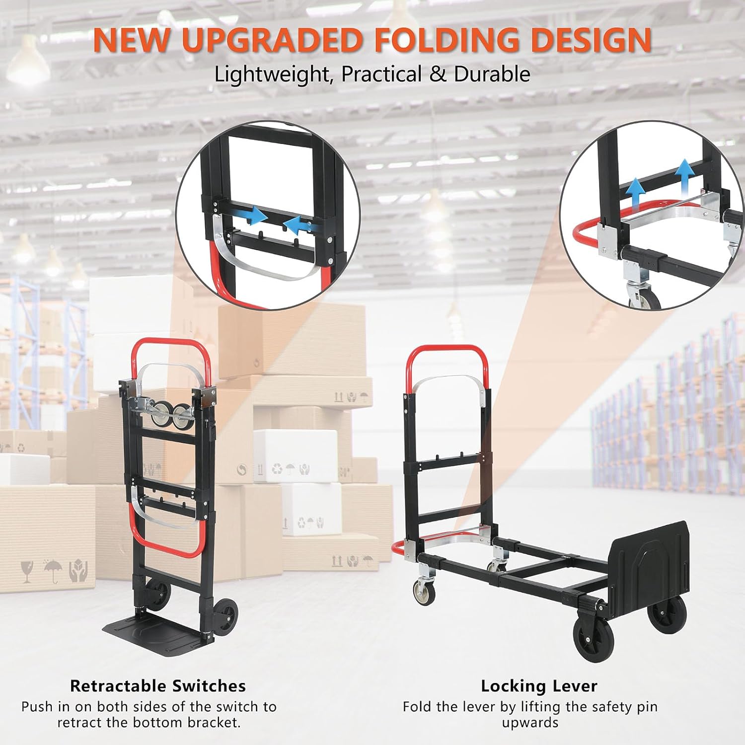 Upgraded 2-in-1 Convertible Hand Truck Dolly 600lbs Capacity Aluminum Folding Cart with Rubber Wheels for Home Warehouse Supermarket Office Transport Moving