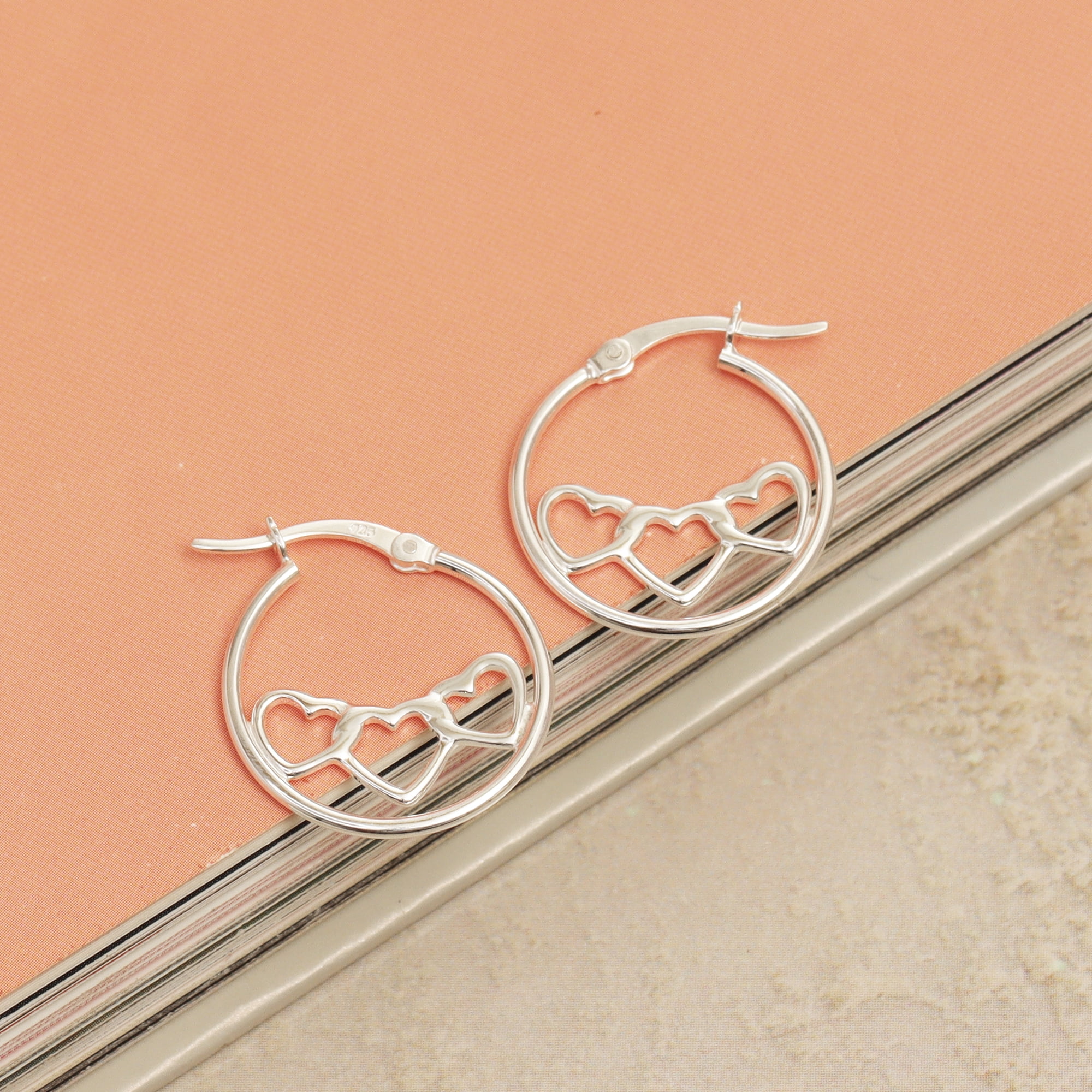 LeCalla 925 Sterling Silver Hypoallergenic Light-Weight Three-Heart Twisted Click Top Hoop Earrings for Women and Teen 20MM