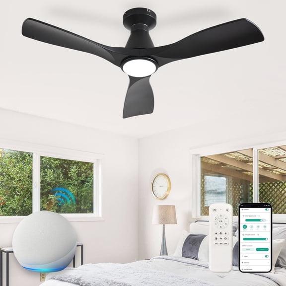 42-Inch Black Ceiling Fan with Lights: Alexa & App Remote Control，Dimmable Indoor Outdoor Fan with 6-Speed ＆ 3 CCT