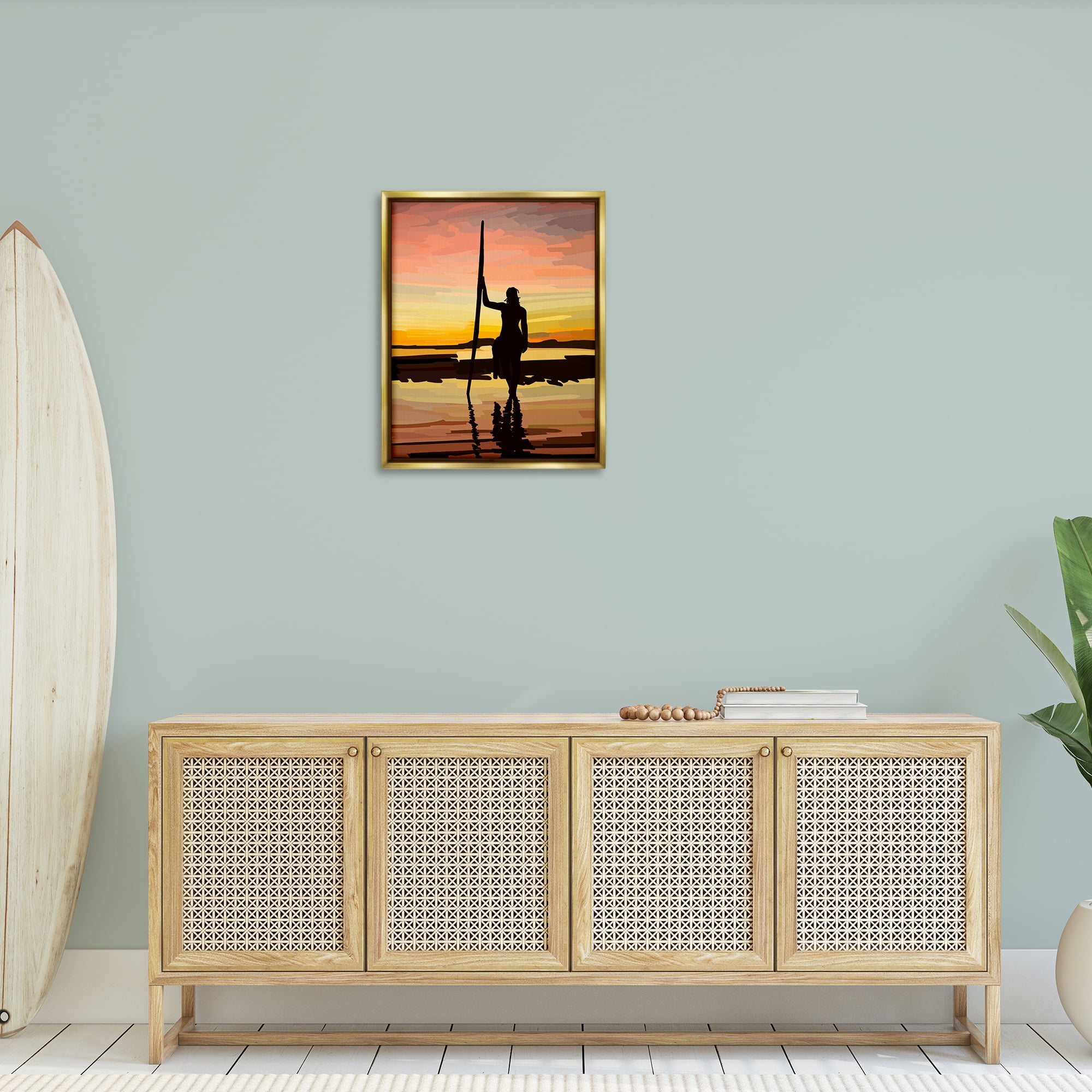 Stupell Industries Sunset Surfer Silhouette Nautical & Beach Painting Gold Floater Framed Canvas Art Print Wall Art, 25 x 31