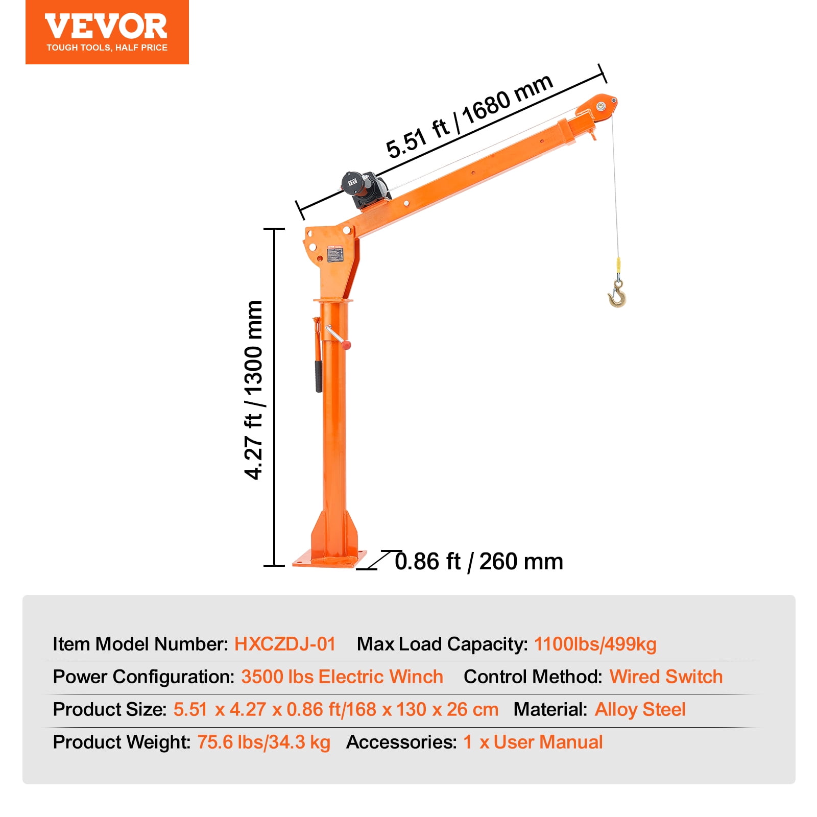 VEVOR Electric Pickup Truck Crane, 1100 lbs, Folding Truck-Mounted Bed Crane with Electric Winch 3500 lbs, Steel Pickup Truck Jib Crane Hoist 360° Swivel for Lifting Goods in Construction, Factory