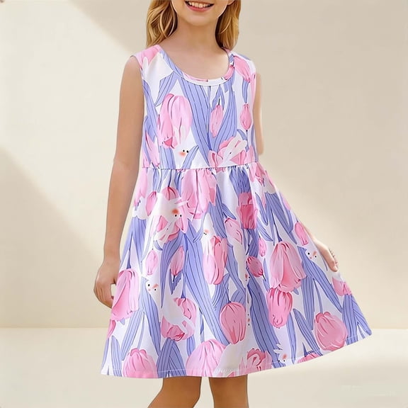 HBYJLZYG Girls' Sleeveless Round Neck A-Line Dress with Floral Print, Lightweight Cotton Summer Casual Princess Sundress for Beach Vacation and Daily Wear