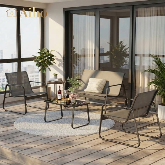 Aiho 4 Pieces Patio Furniture Set,Textilene Modern Conversation Black Set with Tea Table for Home,Lawn,Balcony, Bistro - Gray