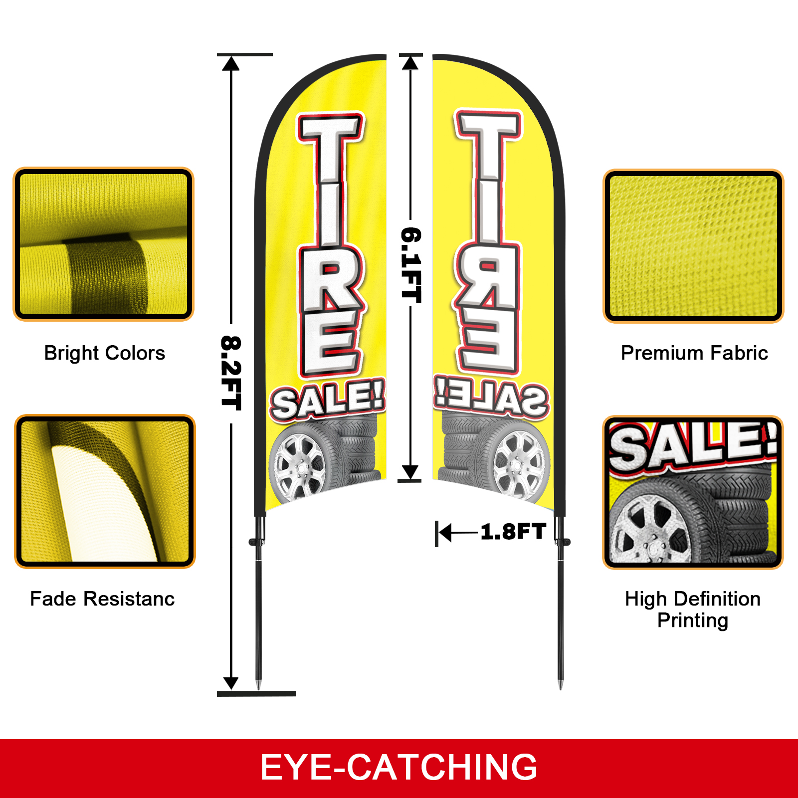 QSUM Tire Sale Advertising Swooper Flag Sign, Tire Sale Feather Flag Pole Kit with Ground Spike, 8.2Ft Advertising Feather Banner Sign for Tire Sale Business