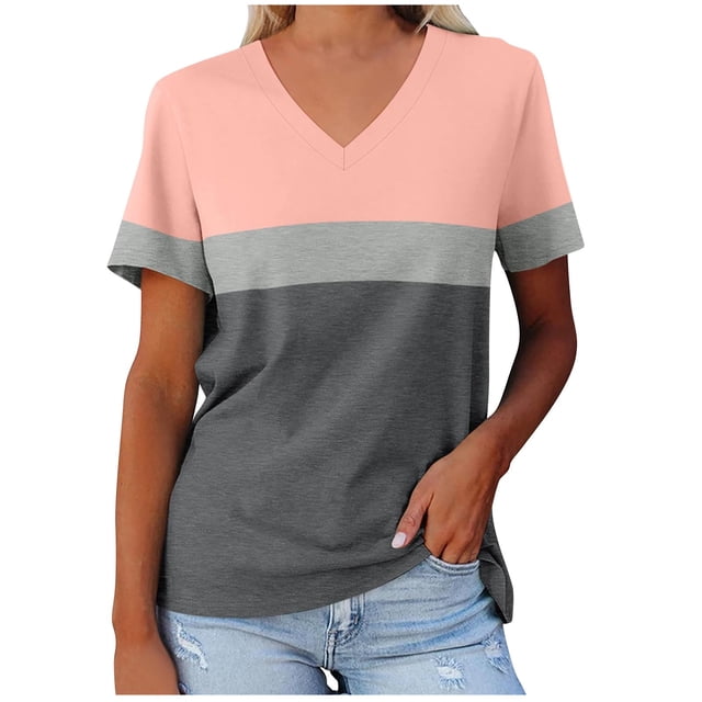 Yuyuzo T-Shirts pour Femmes Manches Courtes Décontractés Col en V Tops d'Été Color Block Tees Amples