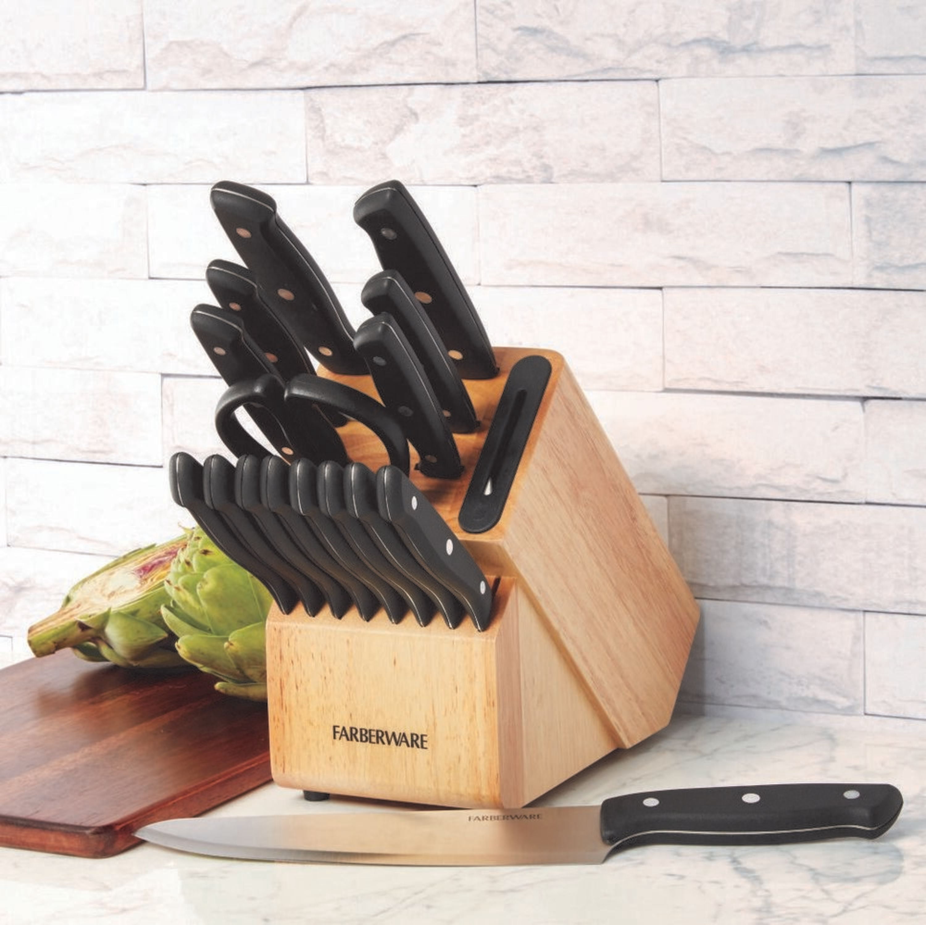 Farberware Edgekeeper 16-piece Triple Rivet Block Set with Built in Knife Sharpener, Natural