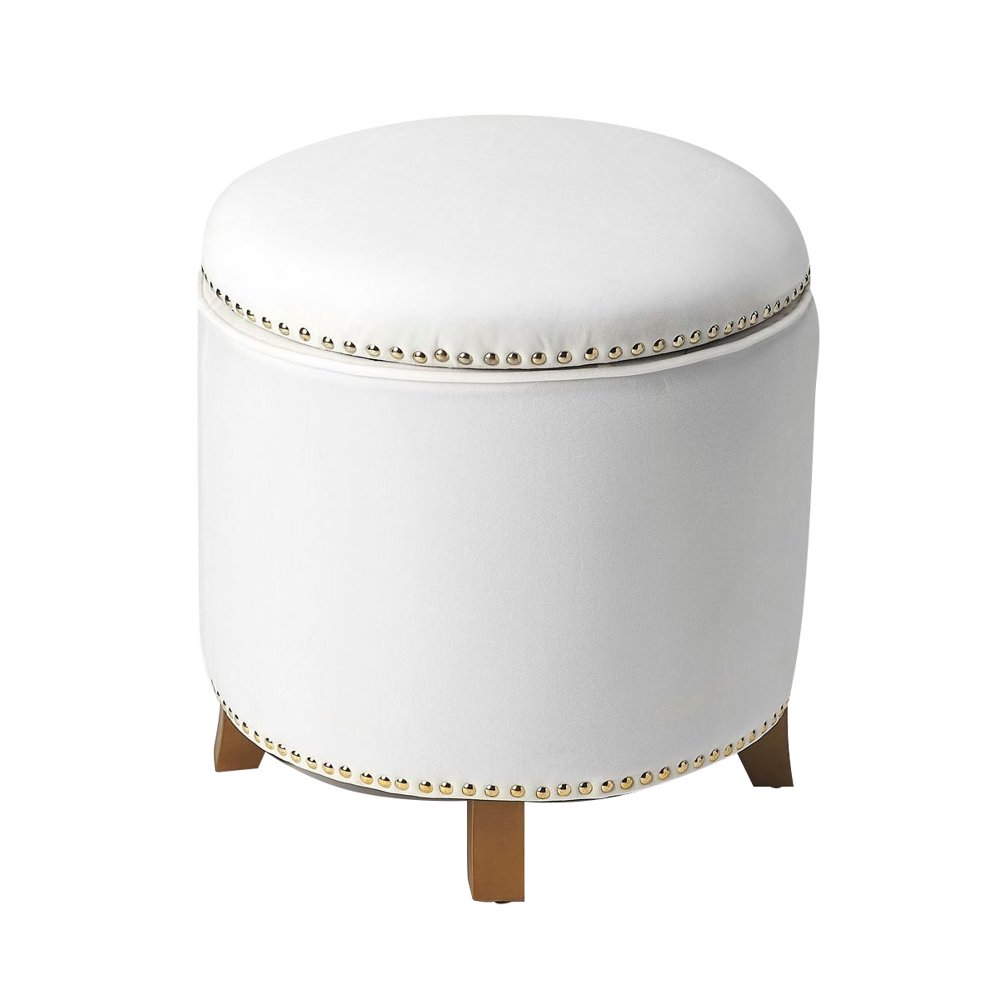 Offex Transitional White Velvet Round Storage Ottoman
