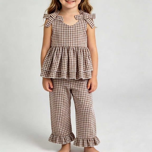 hengsof Girls' Fashionable Plaid Bow Sleeveless Tank Top and Wide Leg Pants Set Summer V Neck Cute Ruffle Two Piece Set