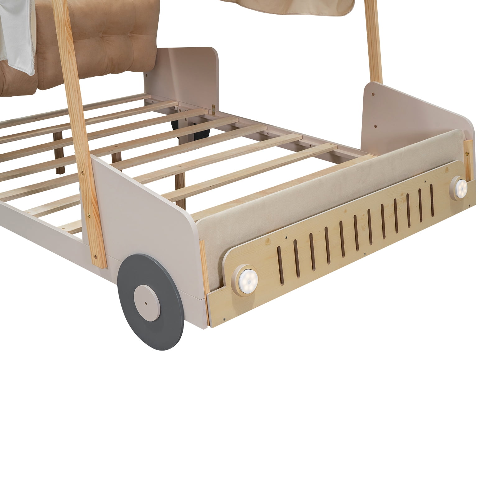 mteryoing Car-Shaped Platform Bed Frame For Kids With LED Light Ceiling Cloth Headboard Pillow No Spring Box Needed For Kids Boys Girls