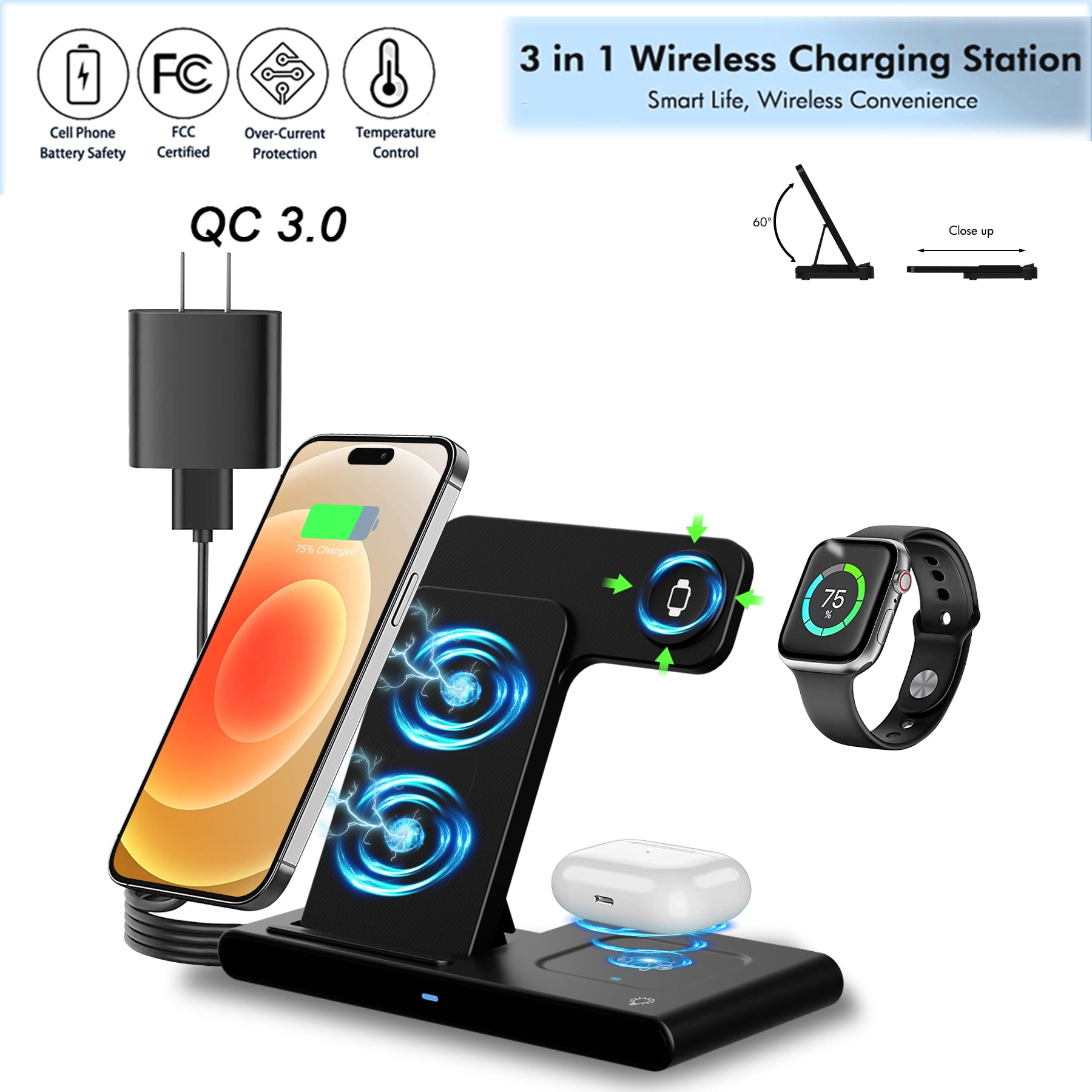 Wireless Charging Stand for iPhone 17 to 8 Series, Wireless Charger Phone Charger Holder Compatible with Apple Watch, for AirPods 4 3 2 Pro, 3 in 1 Fast Charger Stand(Black)