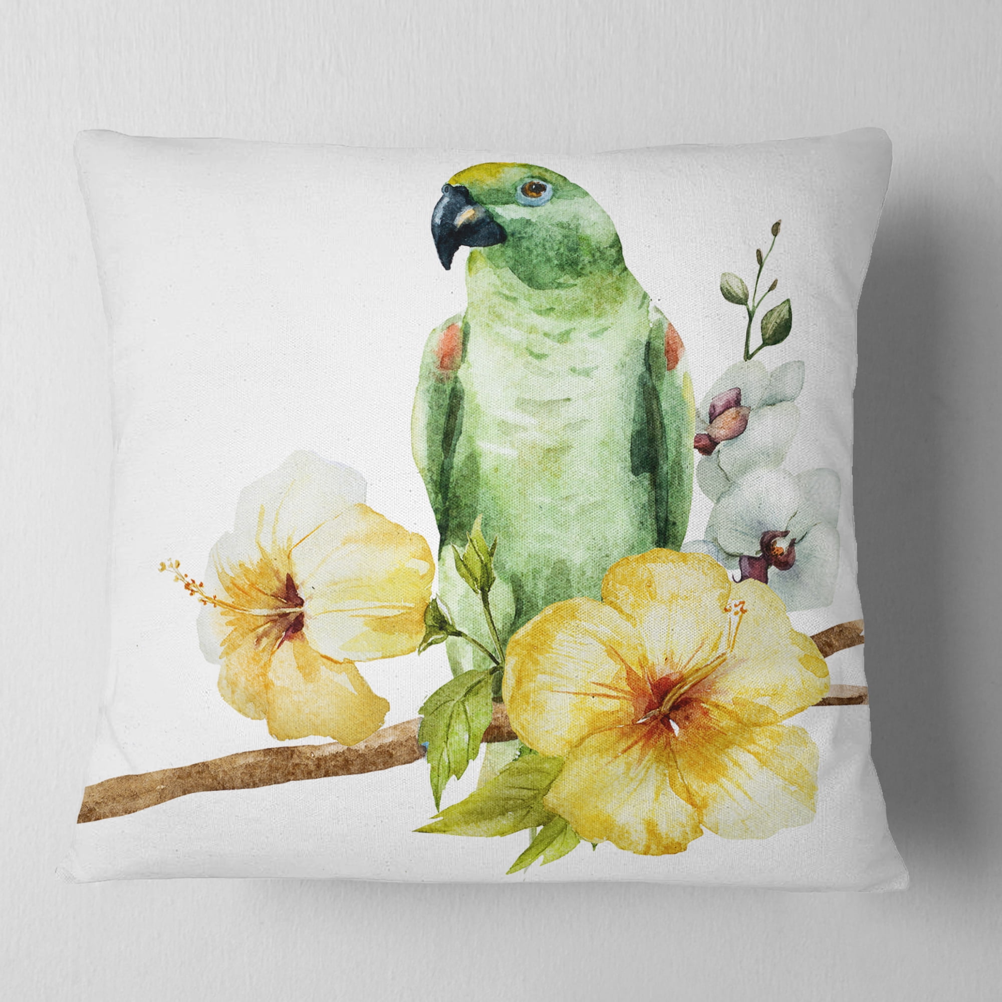 Designart Parrot with Flowers Watercolor - Floral Painting Throw Pillow - 16x16