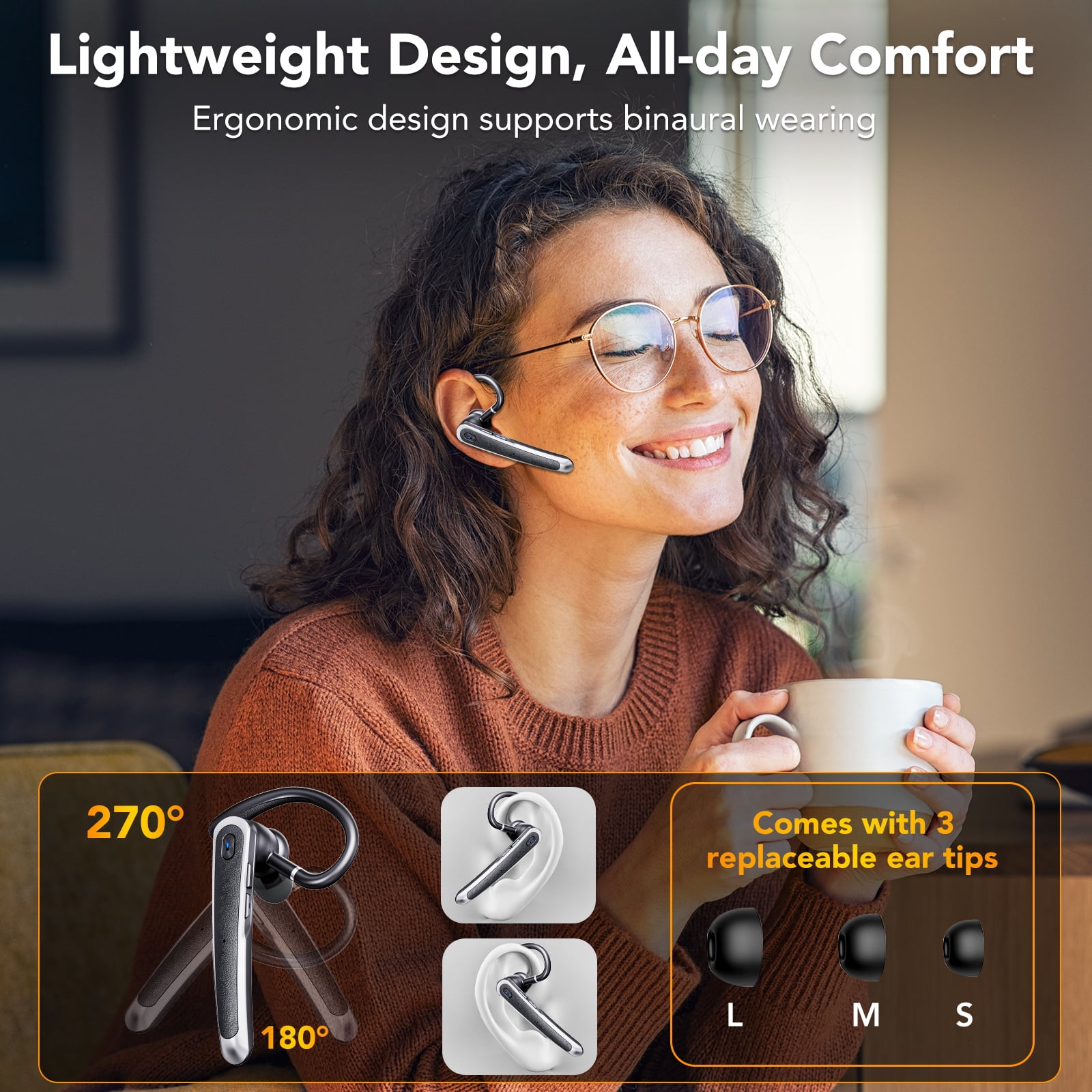 Bluetooth Headset V5.4, Wireless Bluetooth Earpiece, 65H Talk Time with LED Charging Case, Hands Free Noise Canceling Headphones, Wireless Headset with Mute Button for Cell Phones/Trucker/Home/Office