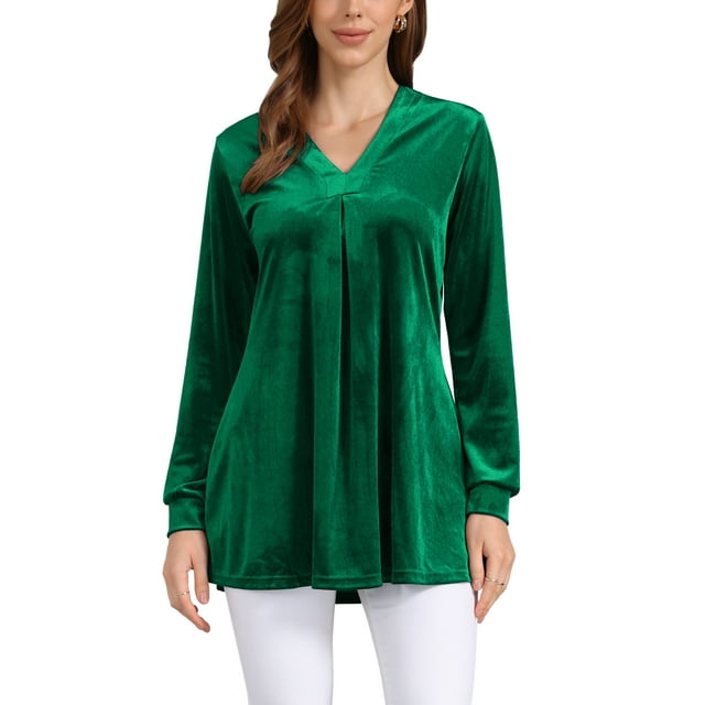 BLUSA DE TERCIOPELO PARA MUJER INSPIRE CHIC CON CUELLO EN V Y MANGAS LARGAS, AJUSTE HOLGADO, T-SHIRT TAMAÑO S VERDE OSCURO