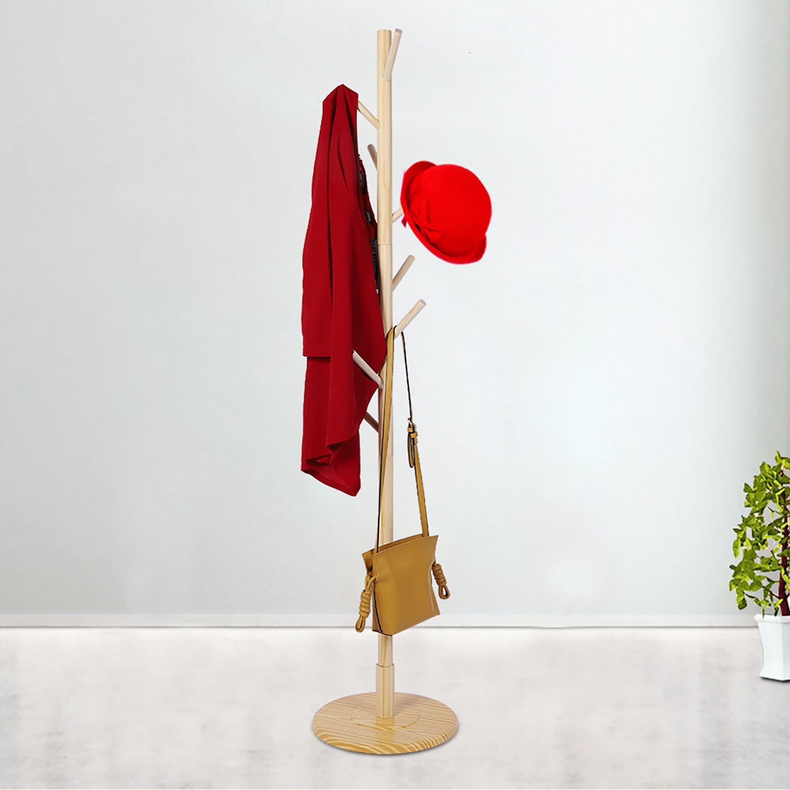 Wooden Hanger Standing Coat Rack Tree Round Base Rack Home