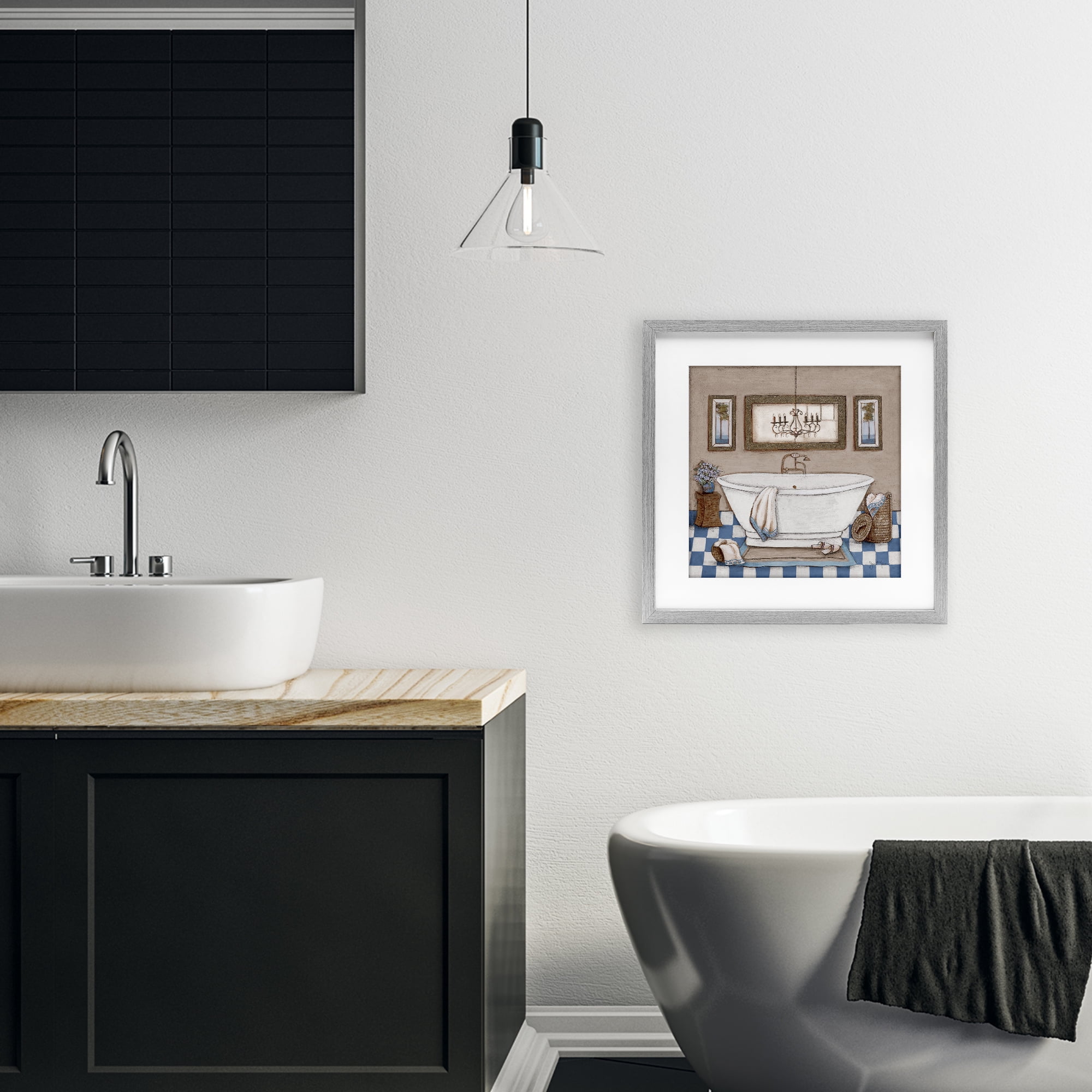 Stupell Industries Checkered Bathroom & Chandelier Gray Framed Print Under Glass, design by Janet Tava