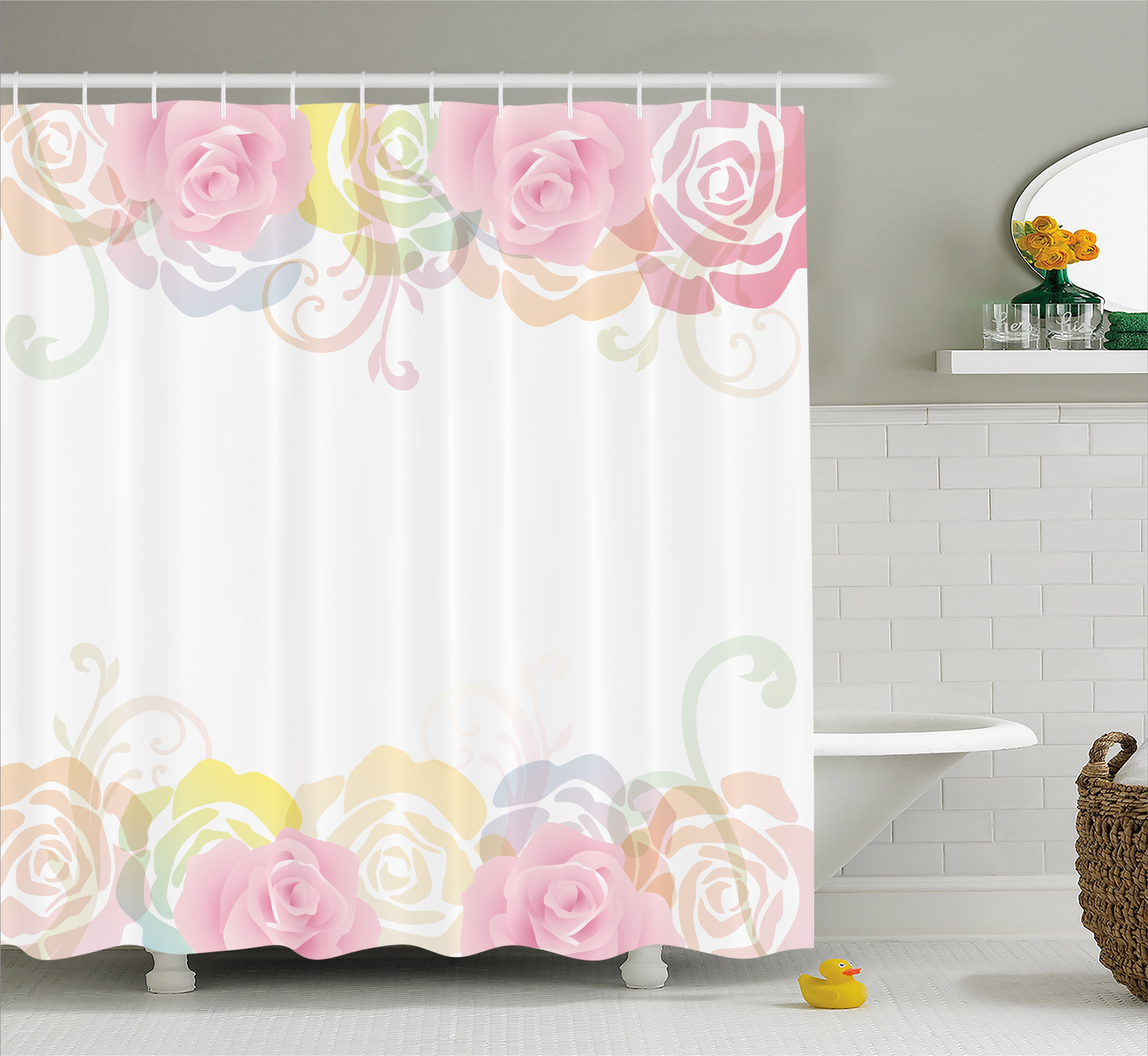 Rose Shower Curtain, Tender Graceful Spring Themed Borders Floral Frame