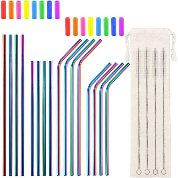 Casewin 16 Metal Straw Reusable Straws 8.5" 10.5" 6mm Stainless Steel Straws for Tumblers 20oz-32oz, Rainbow Drinking Straws with Silicone Tips, 4 Straw Cleaner Brush