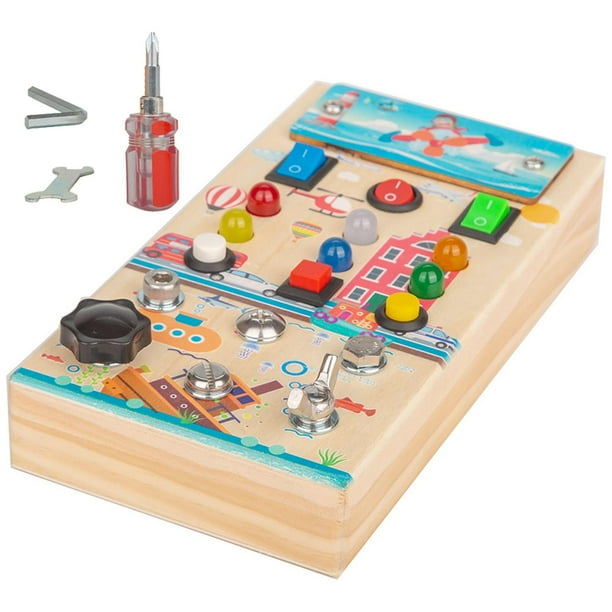 Tablero de actividades Montessori con LED, tablero de actividades para niños, tablero sensorial, panel de control de madera para viajes
