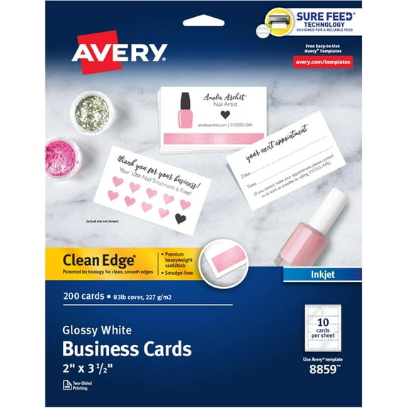 Clean Edge Printable Business Cards with Sure Feed Technology, 2" x 3.5", Glossy White, 200 Blank Cards for Inkjet Printers (8859)