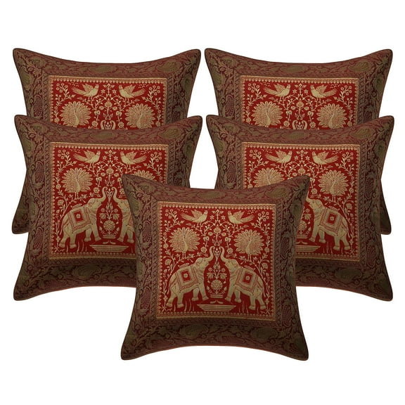 Stylo Culture Ethnic Couch Throw Pillow Covers 16x16 Jacquard Peacock Red Square 40x40 cm Home Decor Brocade Elephant Zippered Cushion Covers | Set Of 5