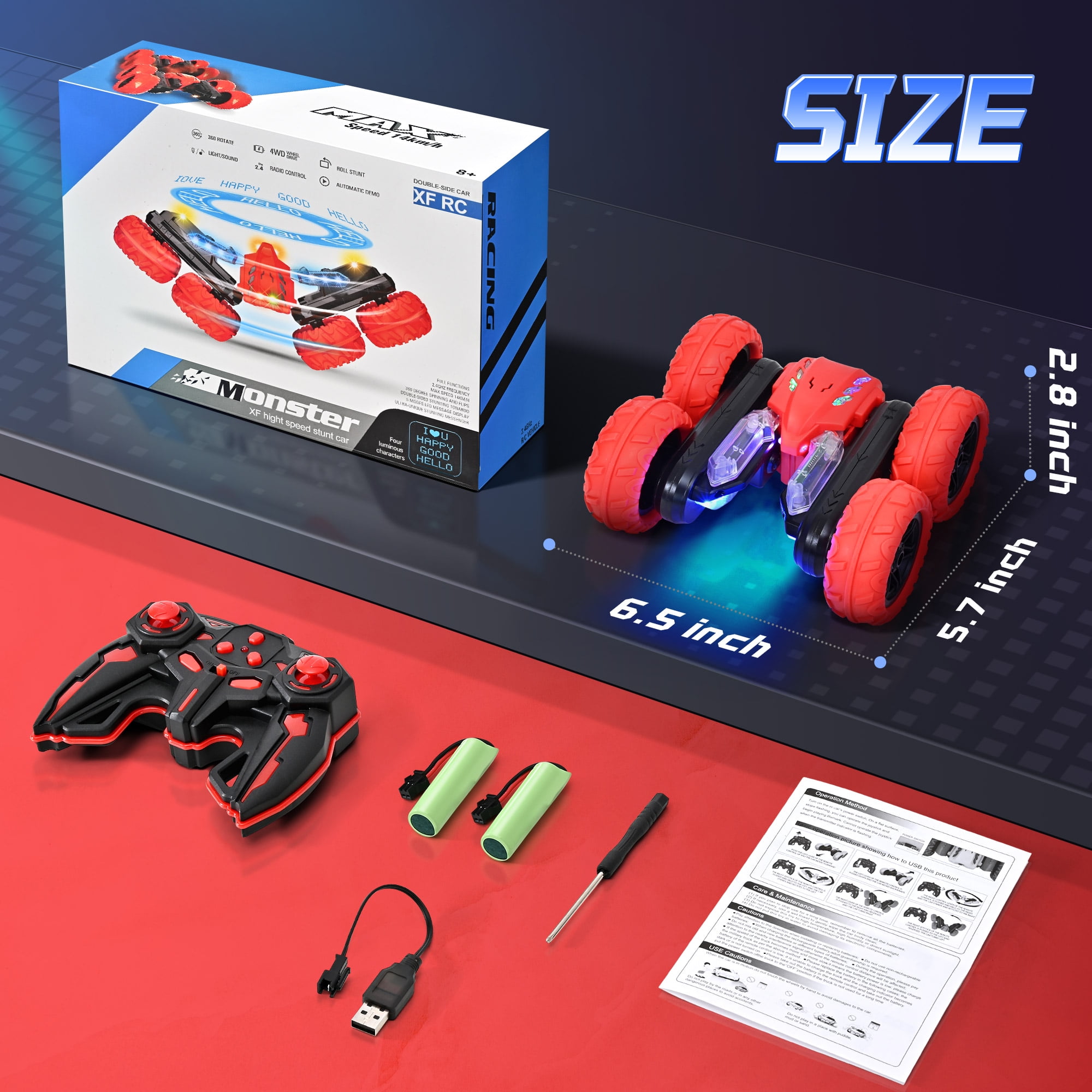Remote Control Car, RC Stunt Car Toys, Double Sided Tornado RC Car, 4WD Off-Road Stunt Car with 360° Flips Lights Word for Indoor/Outdoor