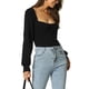 thumbnail image 4 of SUÉTER CROP DE MANGA LARGA CON CUELLO CUADRADO DE RIBETE ELÁSTICO SLIM FIT SÓLIDO PARA MUJERES CHIC XL NEGRO, 4 of 7
